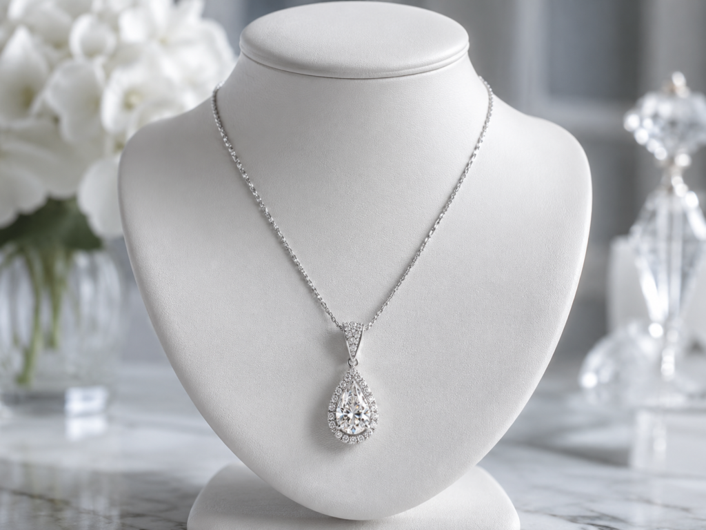 White gold necklace displayed on a white jewelry bust with a sparkling teardrop pendant in a clean luxury setting.