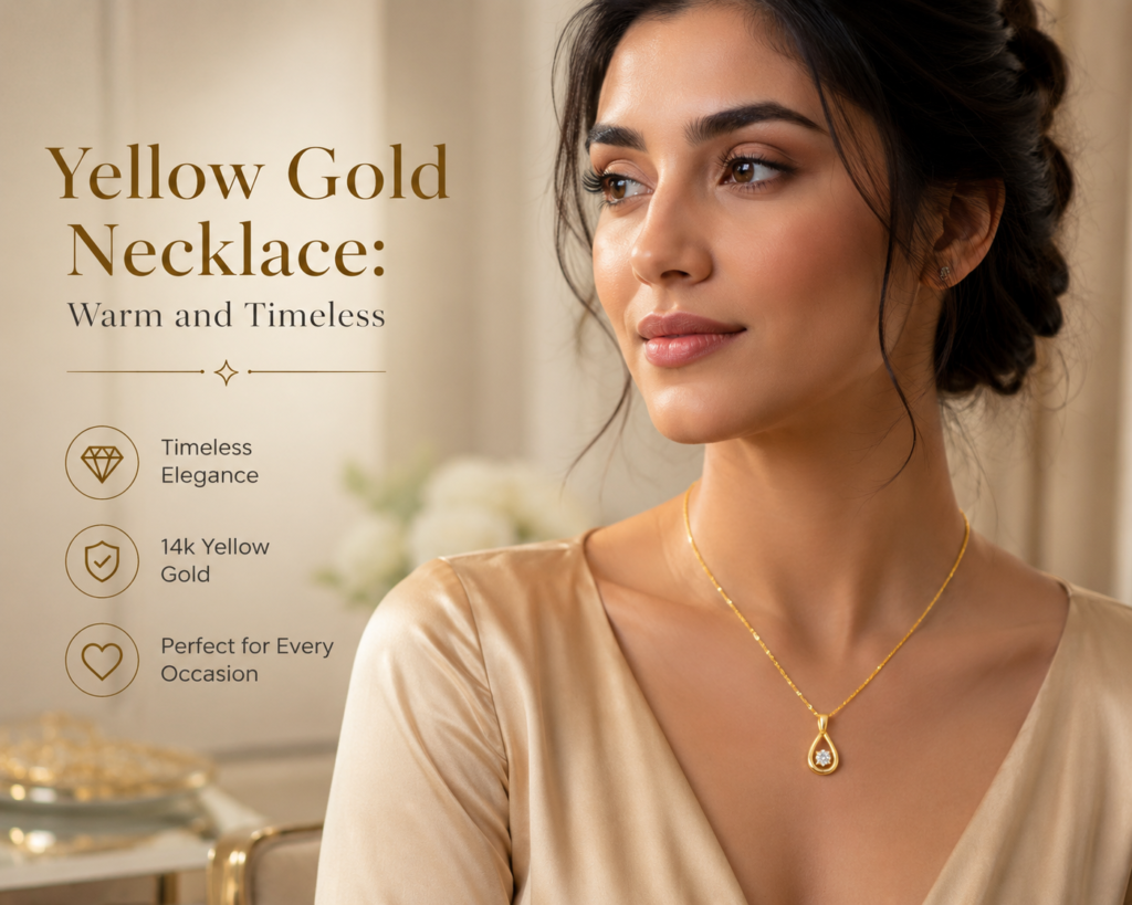 Yellow gold necklace worn by an elegant model in a warm luxury setting, featuring a delicate gold pendant and timeless jewelry styling.
