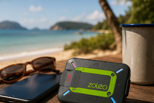 Satellite Communicator 8 ZOLEO satellite communicator beside a smartphone and sunglasses on a tropical beach table overlooking clear blue water.